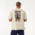 Oversized graphic streetwear t-shirt featuring a humanoid cyberpunk fox wearing an iridescent metallic puffer jacket and neon chunky sneakers, with the text Night Runner.