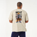 Oversized graphic streetwear t-shirt featuring a humanoid cyberpunk fox wearing an iridescent metallic puffer jacket and neon chunky sneakers, with the text Night Runner.