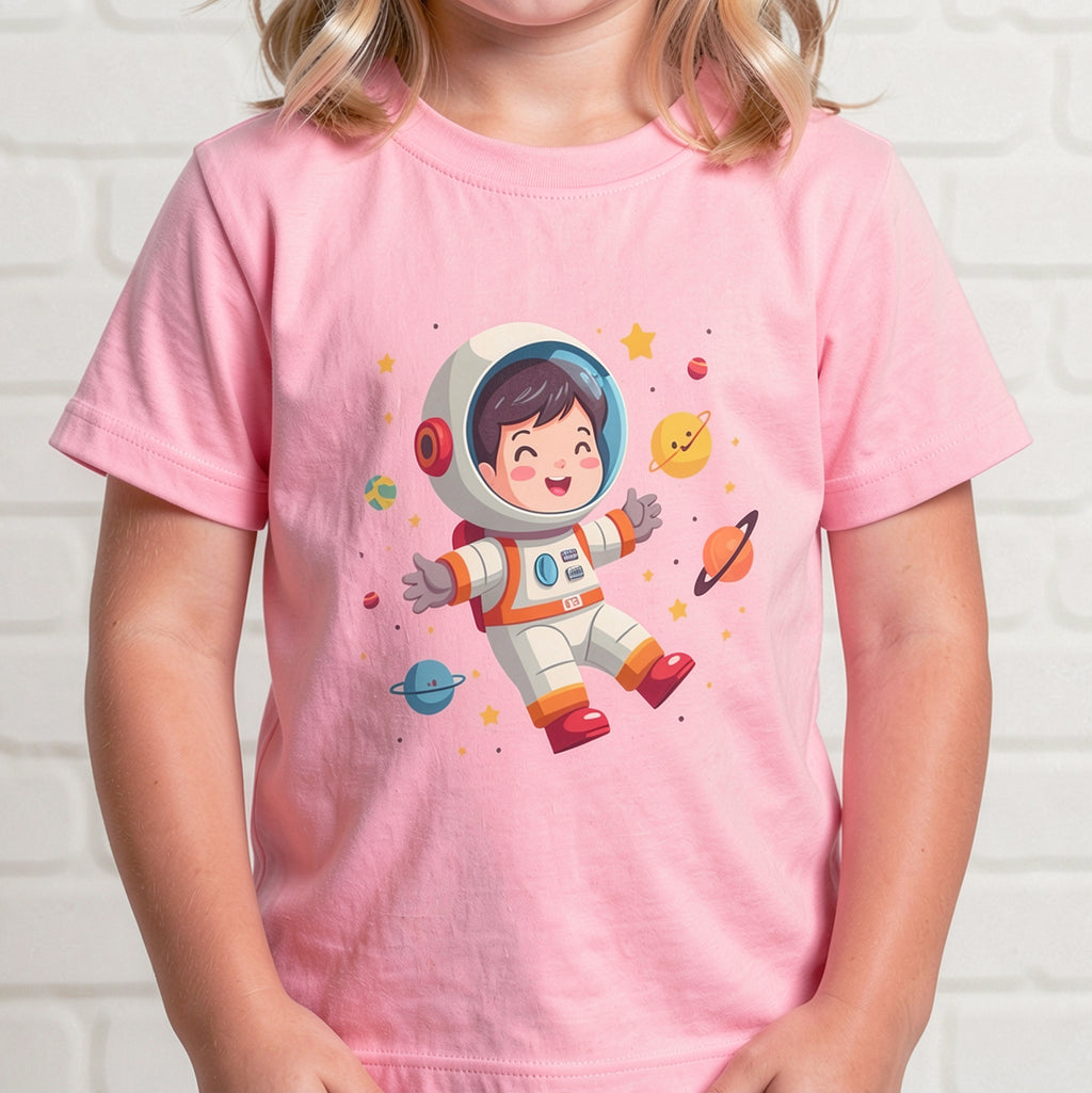 A cute kawaii toddler astronaut floating happily in space among colorful smiling planets and stars, vibrant illustration for kids apparel.