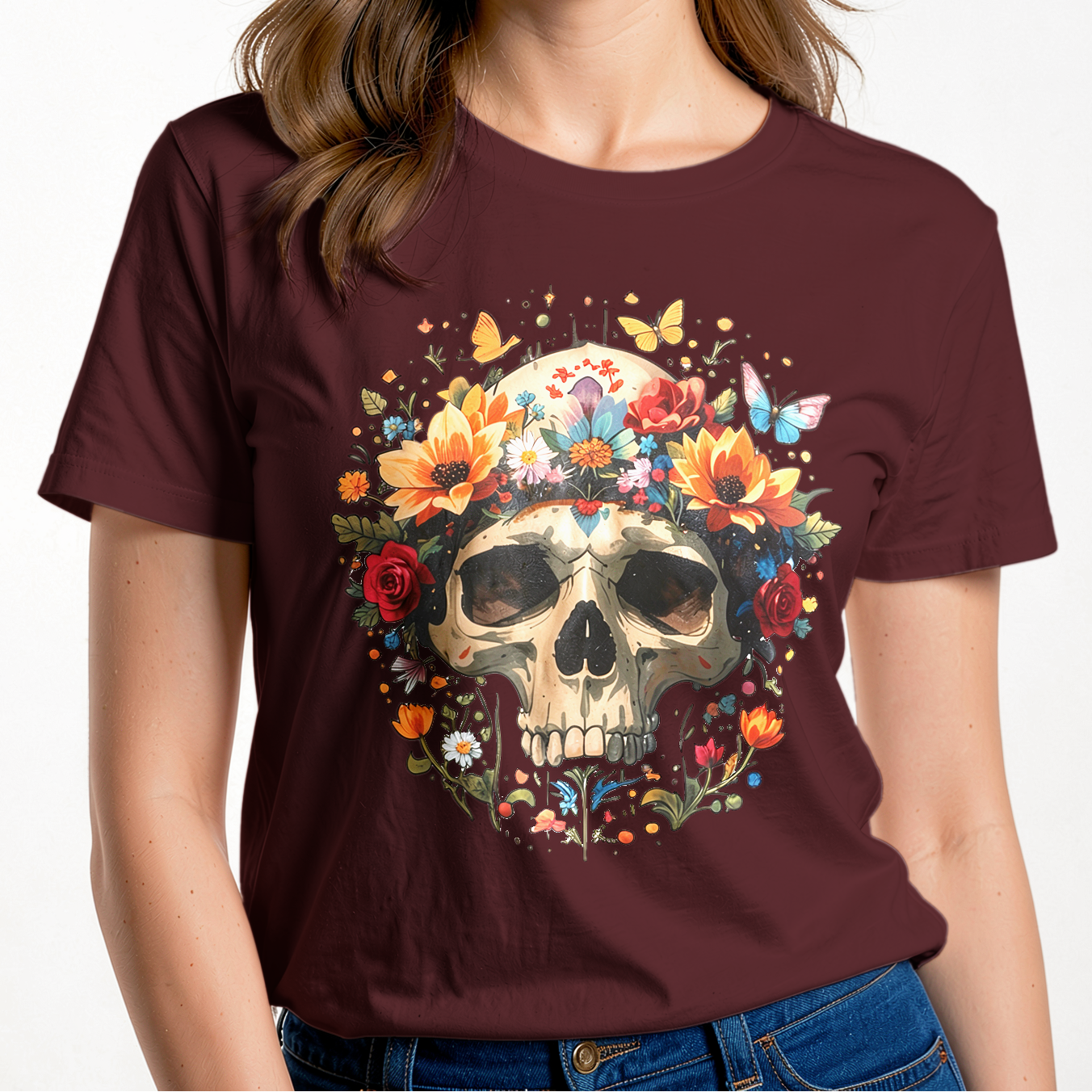 Detailed illustration of a human skull with a crown of vibrant sunflowers, roses, and butterflies on a dark background.