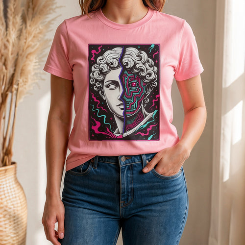 Split portrait design of a white Greek marble statue and a neon pink and cyan cybernetic circuit board with a glowing eye.