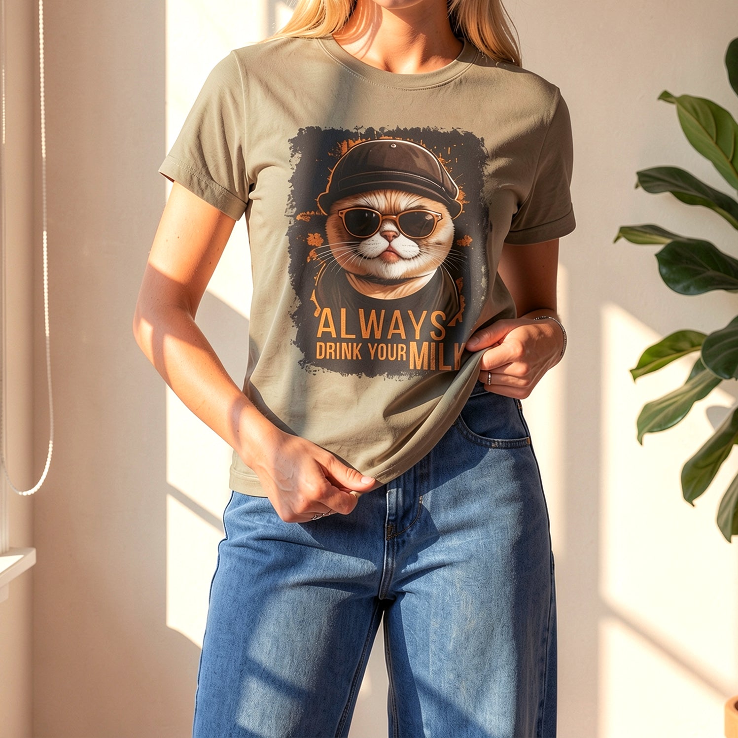 Person wearing a t-shirt with a graphic of a cat and text 'Always Drink Your Milk' in a bright indoor setting.