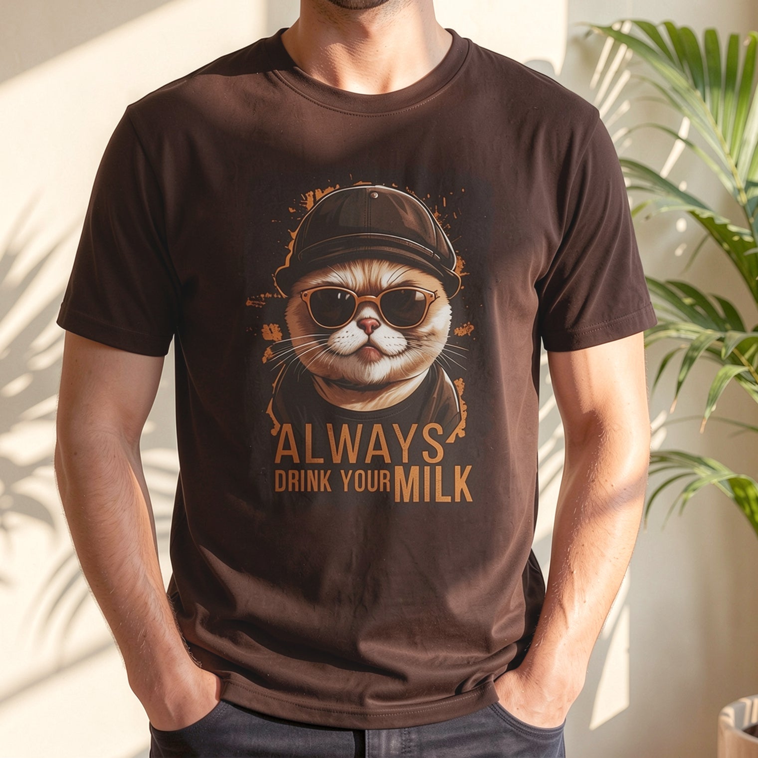 Person wearing a brown t-shirt with a cat graphic and text 'Always Drink Your Milk'.