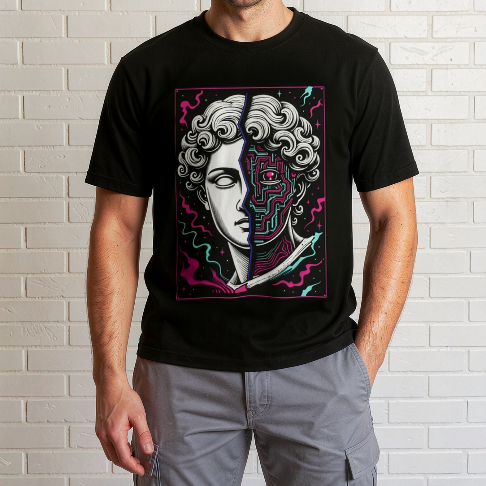 Split portrait design of a white Greek marble statue and a neon pink and cyan cybernetic circuit board with a glowing eye.