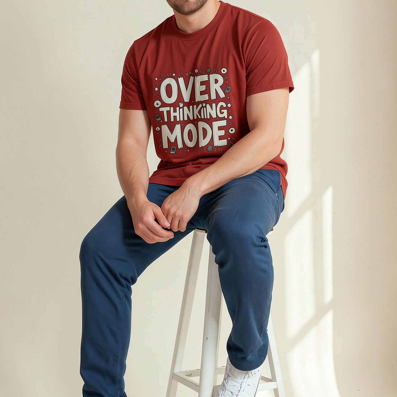 White hand-drawn typography saying Overthinking Mode with laptop and book doodles on a dark premium t-shirt.