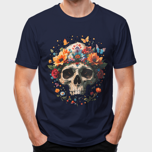 Detailed illustration of a human skull with a crown of vibrant sunflowers, roses, and butterflies on a dark background.